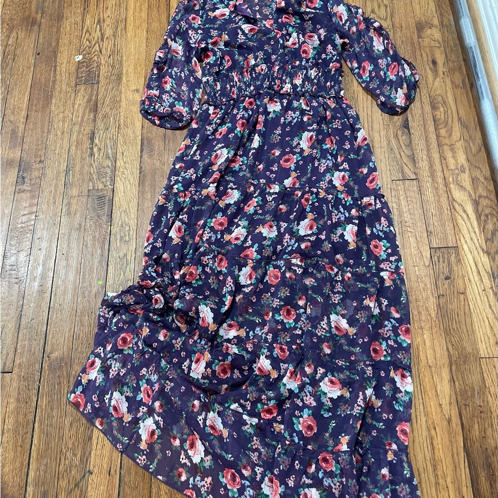 Floral Long Sleeve Maxi Dress in Dark Purple